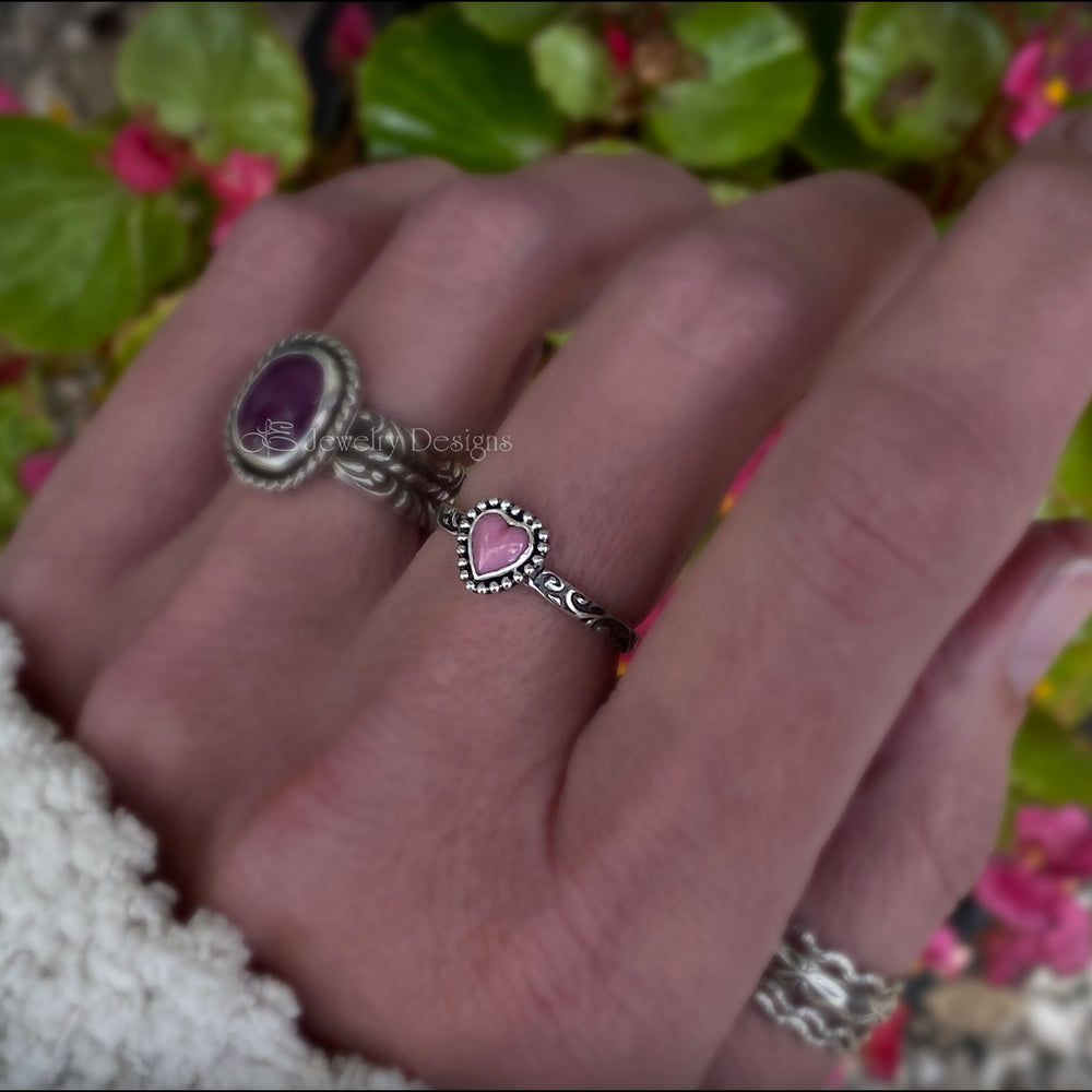 Small Pink Glass Heart Sterling Ring - LE Jewelry Designs