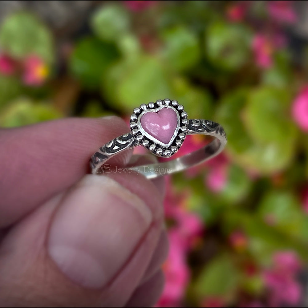 Small Pink Glass Heart Sterling Ring - LE Jewelry Designs