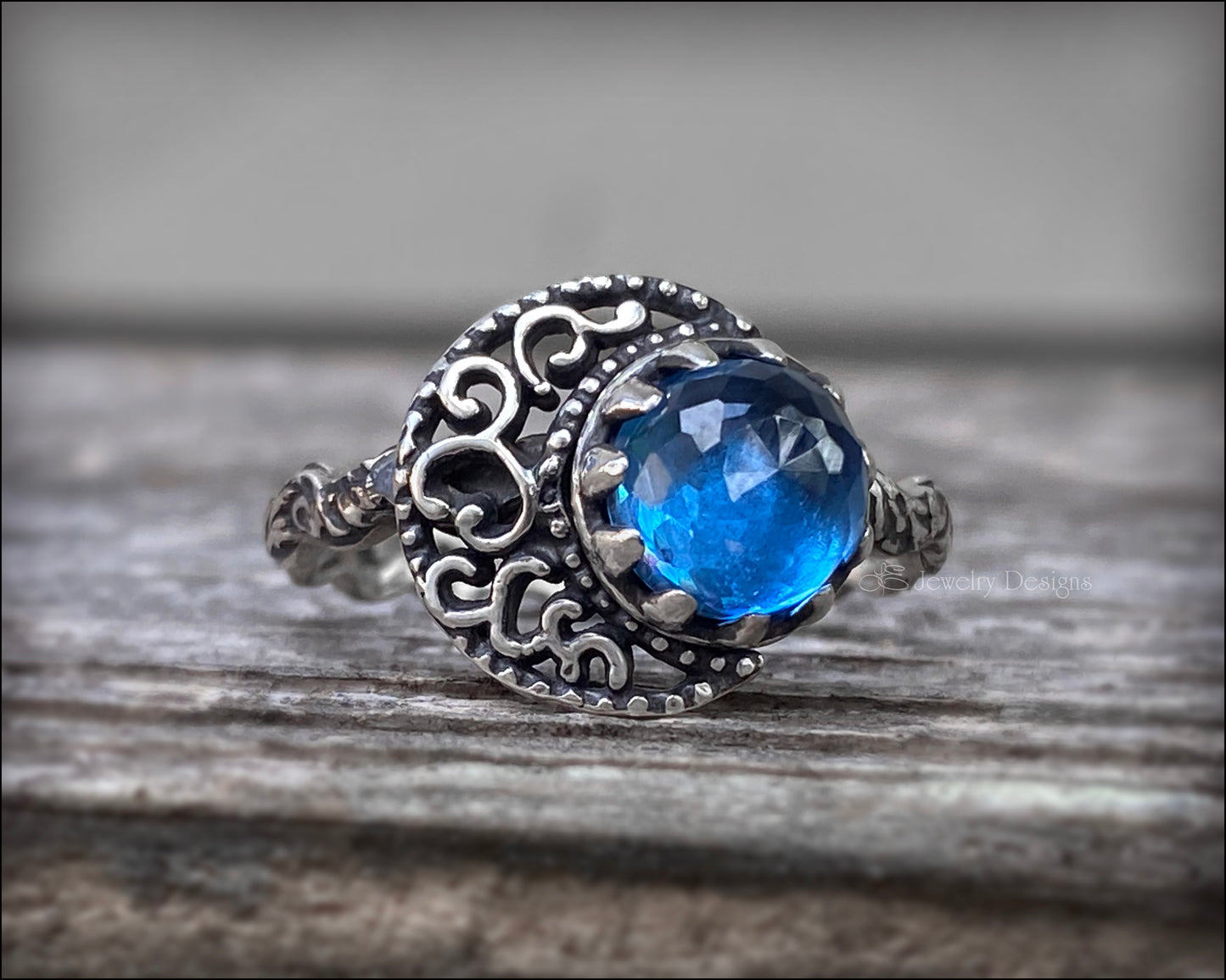 Sterling Filigree Moon & Swiss Topaz Ring - LE Jewelry Designs