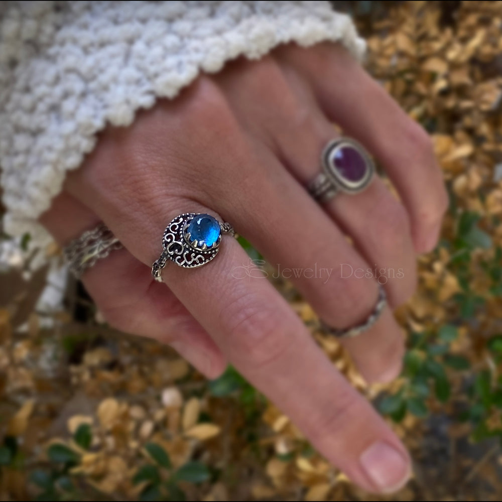 
                  
                    Sterling Filigree Moon & Swiss Topaz Ring - LE Jewelry Designs
                  
                