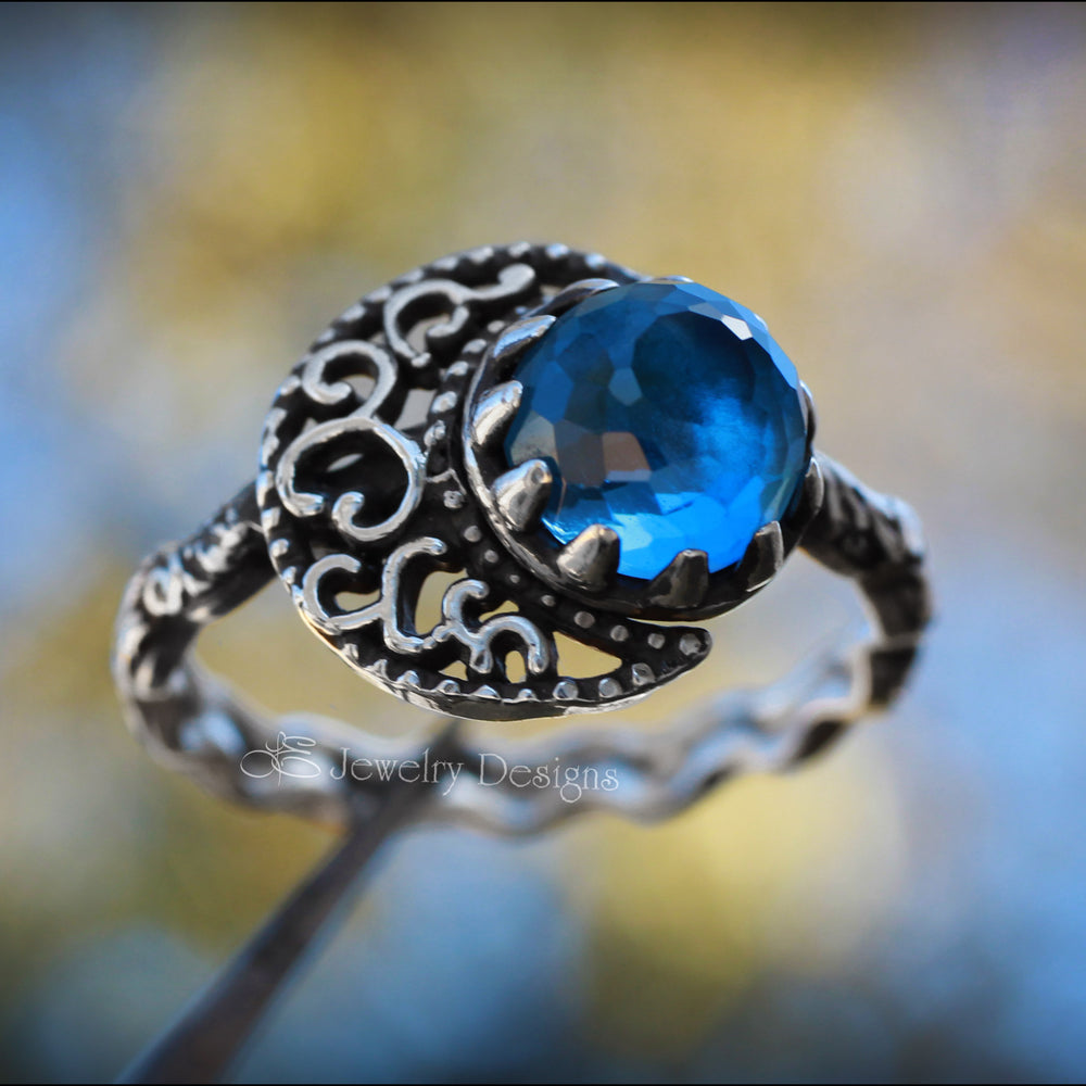 
                  
                    Sterling Filigree Moon & Swiss Topaz Ring - LE Jewelry Designs
                  
                