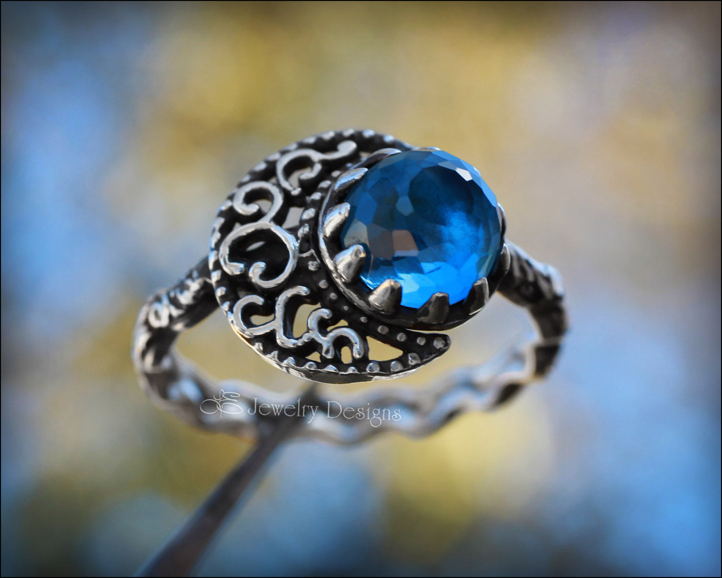 Sterling Filigree Moon & Swiss Topaz Ring - LE Jewelry Designs