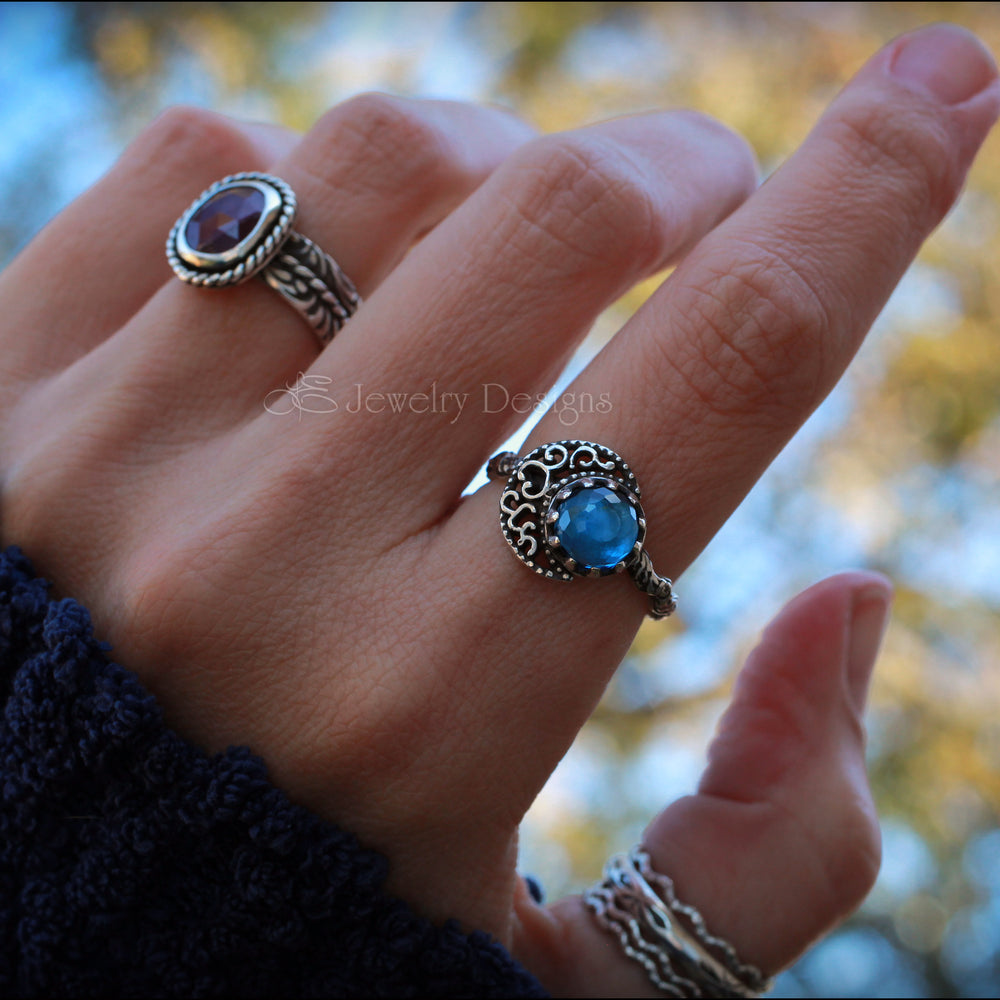 Sterling Filigree Moon & Swiss Topaz Ring - LE Jewelry Designs