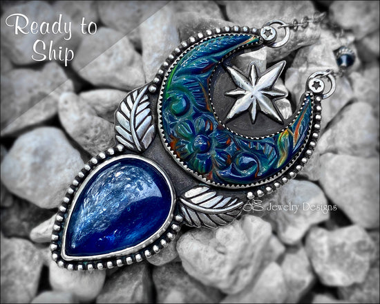 Aurora Opal Moon & Kyanite Pendant - LE Jewelry Designs