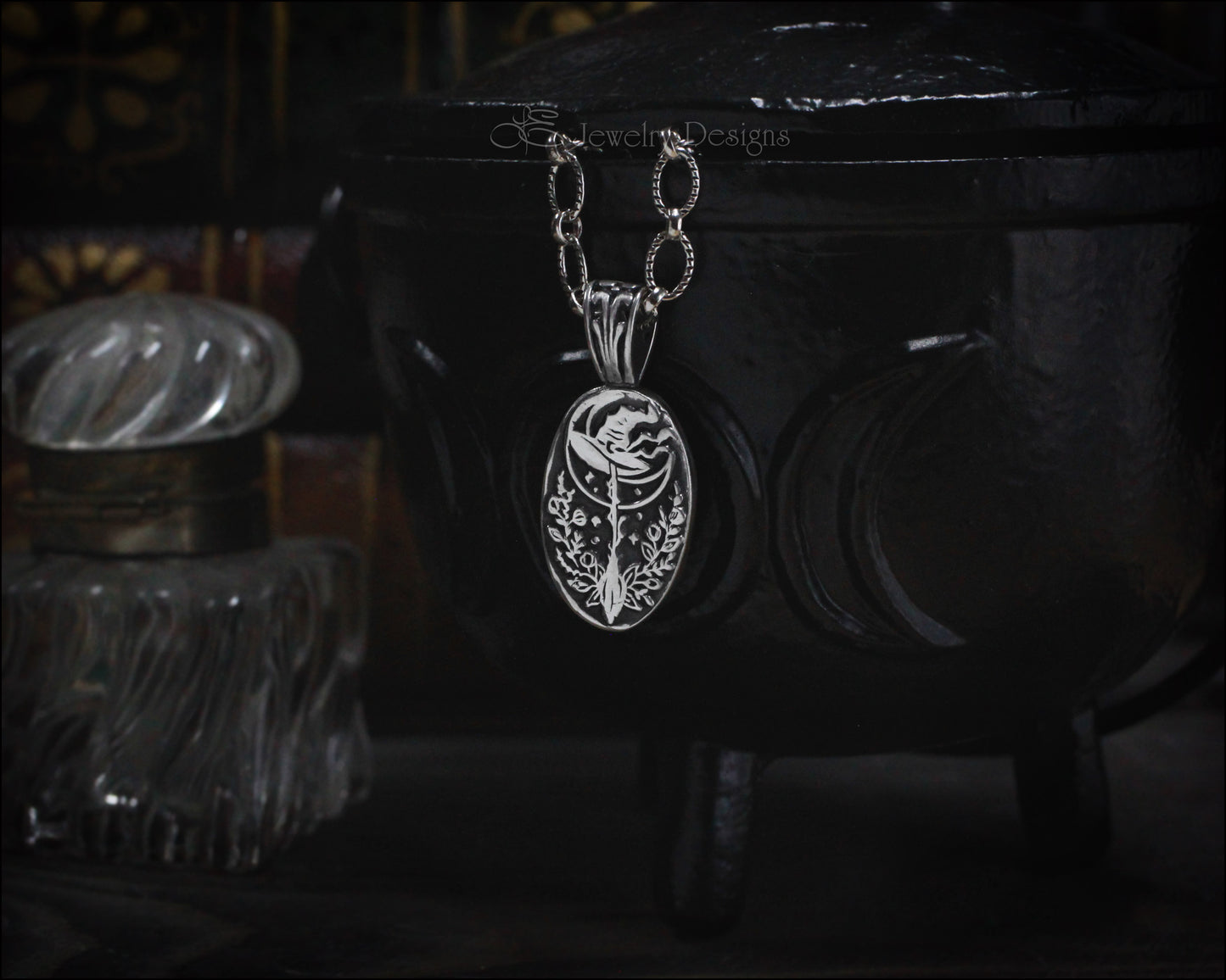 Silver Witch's Hat & Broom Celestial Pendant - LE Jewelry Designs