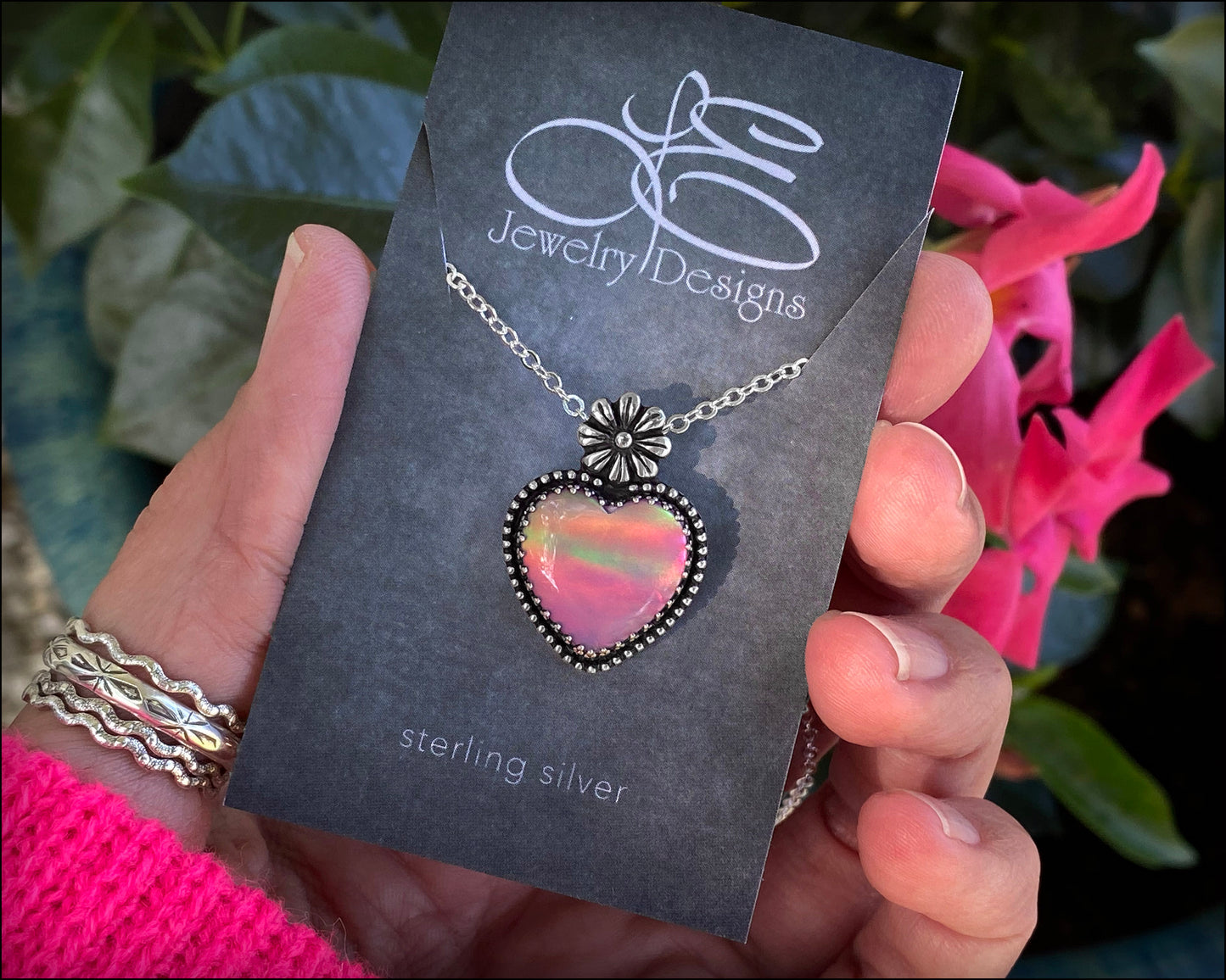 Sterling Aurora Opal Heart & Daisy Necklace - LE Jewelry Designs