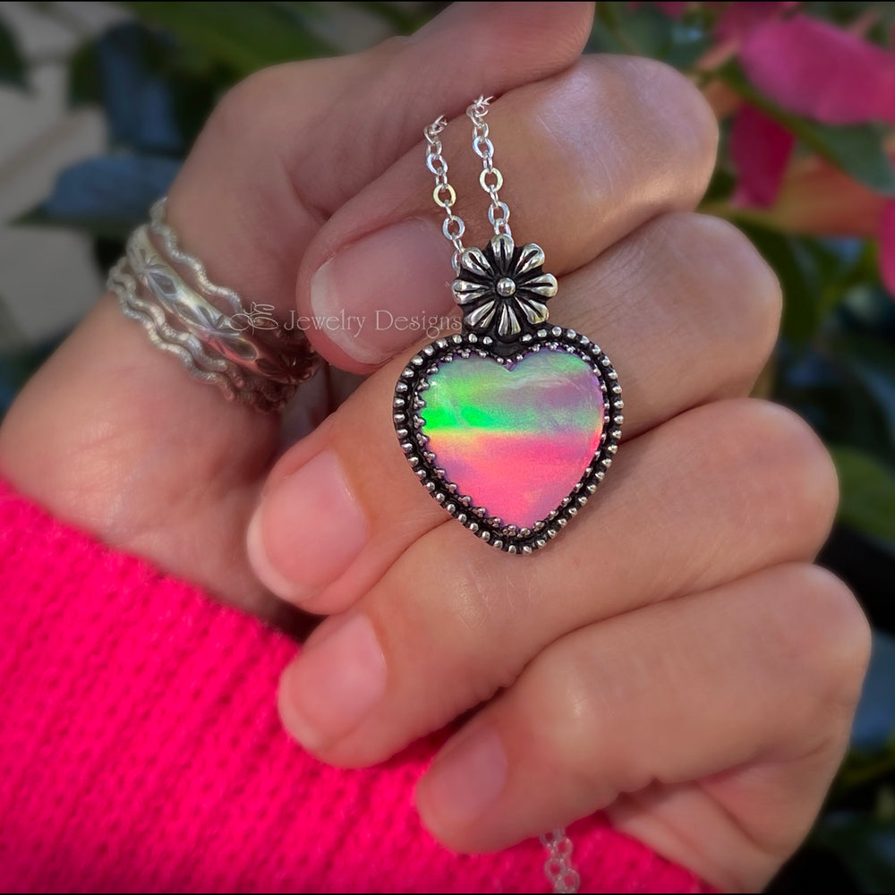 Sterling Aurora Opal Heart & Daisy Necklace - LE Jewelry Designs