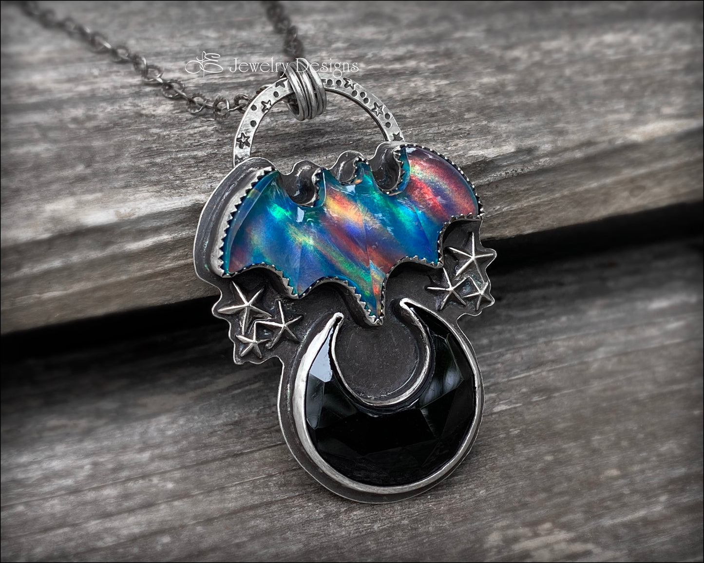 Gothic Aurora Opal Bat & Onyx Moon Necklace - LE Jewelry Designs