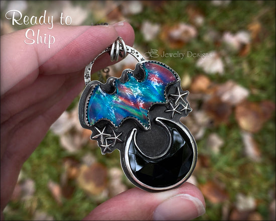 Gothic Aurora Opal Bat & Onyx Moon Necklace - LE Jewelry Designs