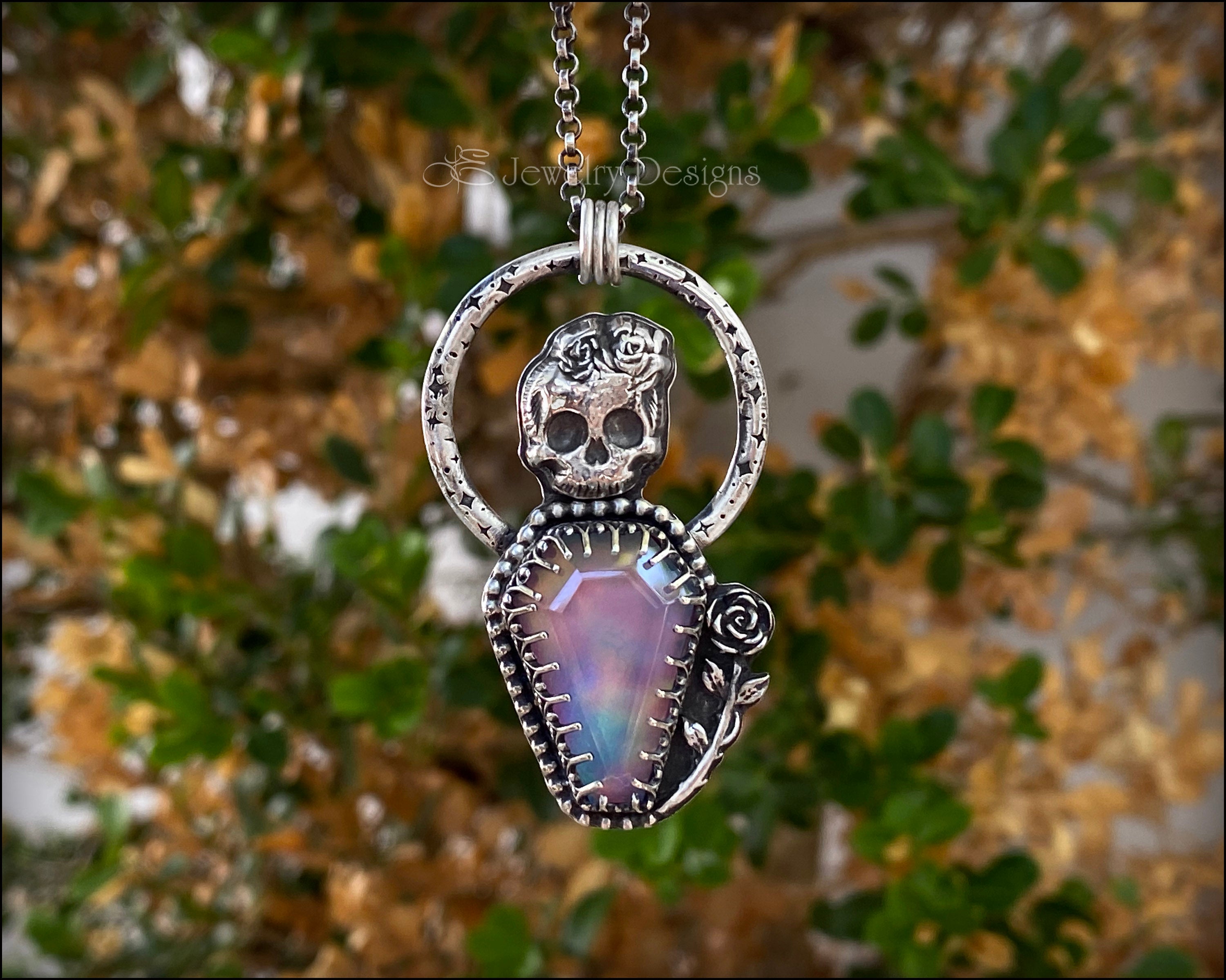 Sterling Skull Aurora Opal Coffin Pendant – LE Jewelry Designs Sterling Skull Aurora Opal Coffin Pendant – LE Jewelry Designs