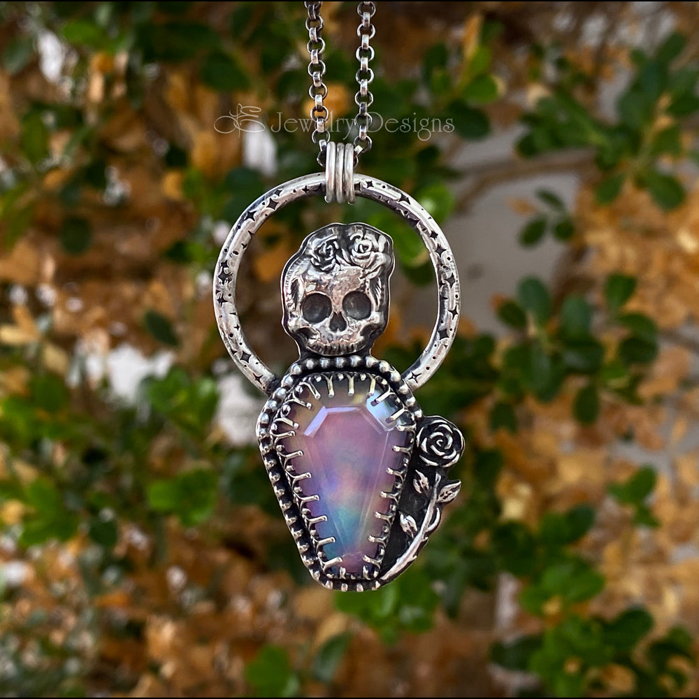 Sterling Skull Aurora Opal Coffin Pendant - LE Jewelry Designs