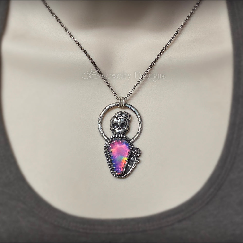 Sterling Skull Aurora Opal Coffin Pendant - LE Jewelry Designs