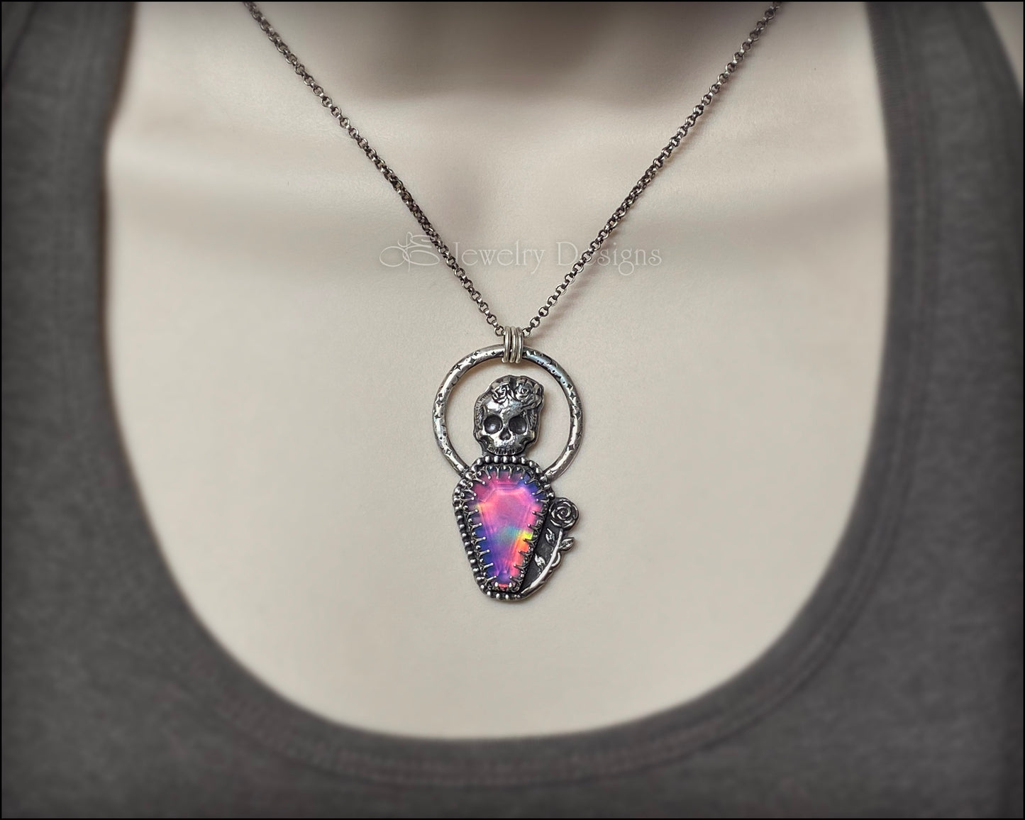 Sterling Skull Aurora Opal Coffin Pendant - LE Jewelry Designs