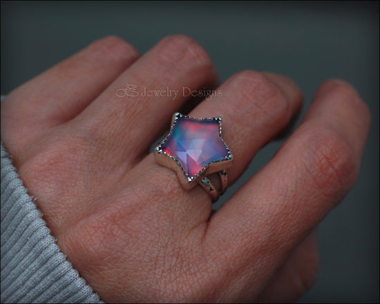Size 7.5 - Sterling Aurora Opal Star Ring - LE Jewelry Designs