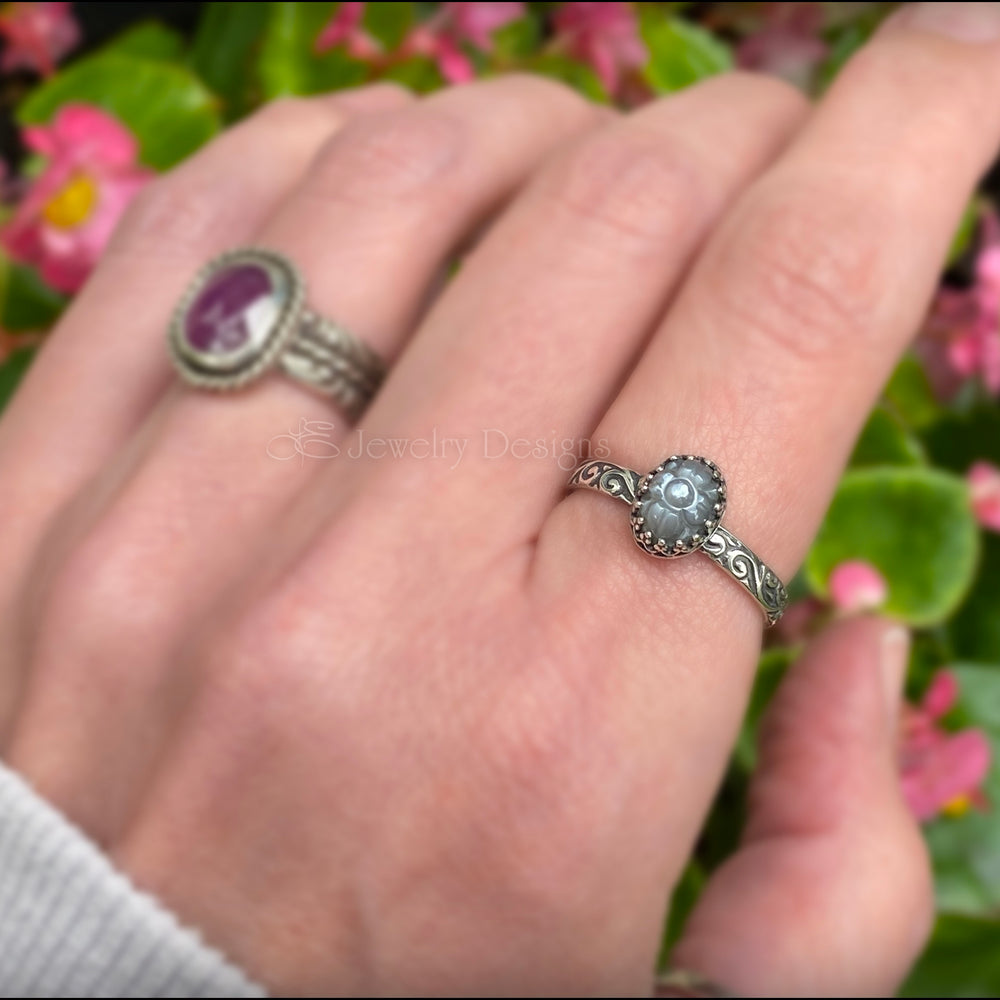 Sterling Carved Grey Moonstone Floral Ring - LE Jewelry Designs