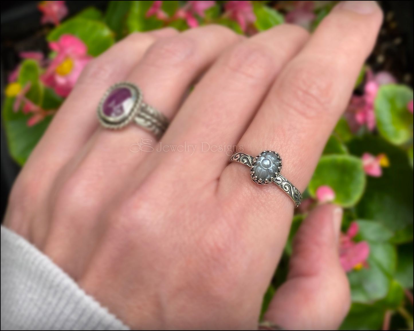 Sterling Carved Grey Moonstone Floral Ring - LE Jewelry Designs