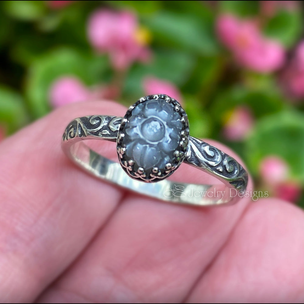 
                  
                    Sterling Carved Grey Moonstone Floral Ring - LE Jewelry Designs
                  
                