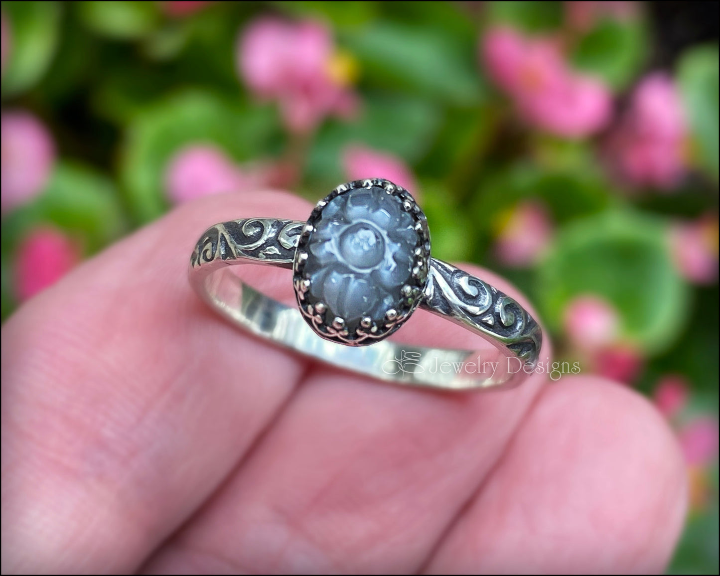 Sterling Carved Grey Moonstone Floral Ring - LE Jewelry Designs