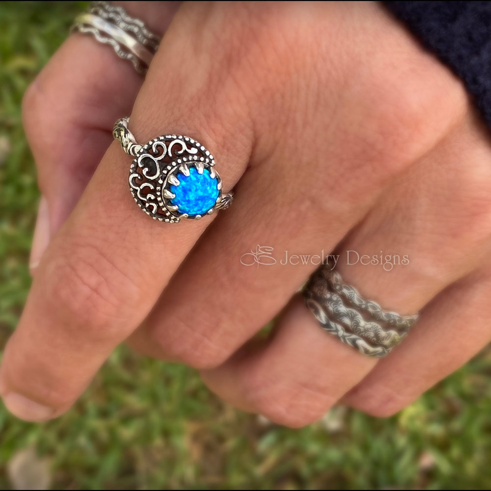 
                  
                    Sterling Filigree Moon & Opal Ring - LE Jewelry Designs
                  
                