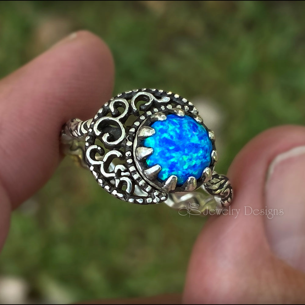 
                  
                    Sterling Filigree Moon & Opal Ring - LE Jewelry Designs
                  
                