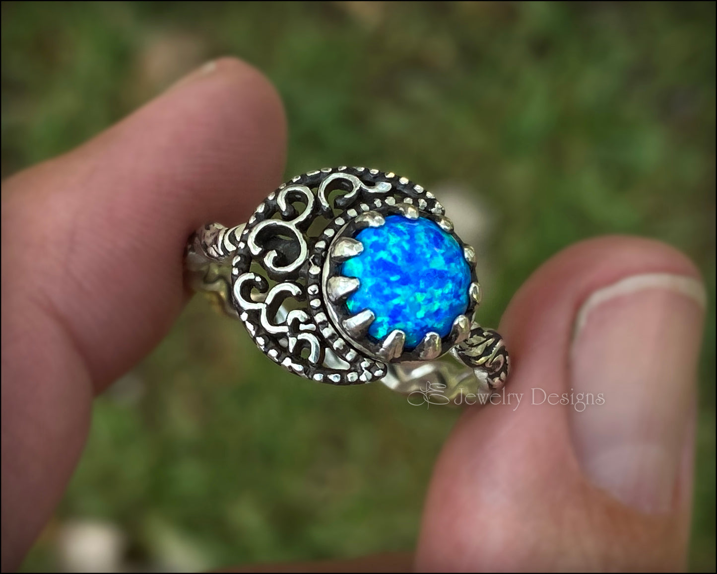 Sterling Filigree Moon & Opal Ring - LE Jewelry Designs