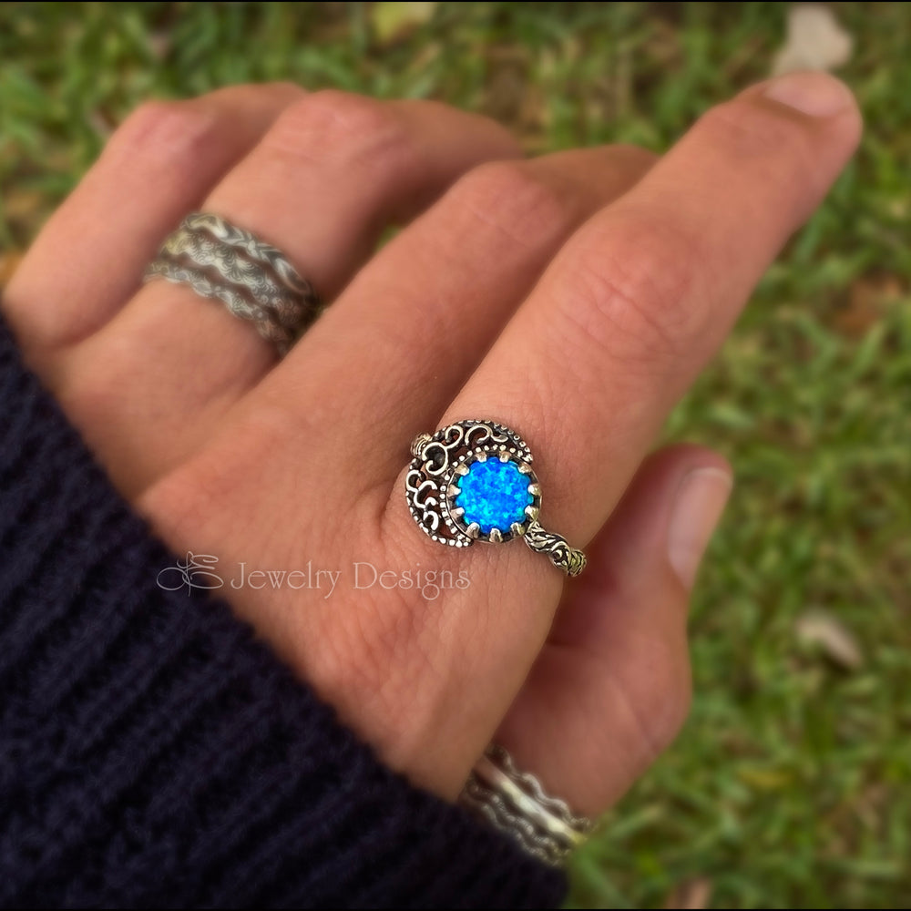 Sterling Filigree Moon & Opal Ring - LE Jewelry Designs