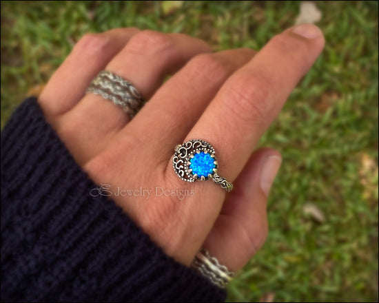 Sterling Filigree Moon & Opal Ring - LE Jewelry Designs