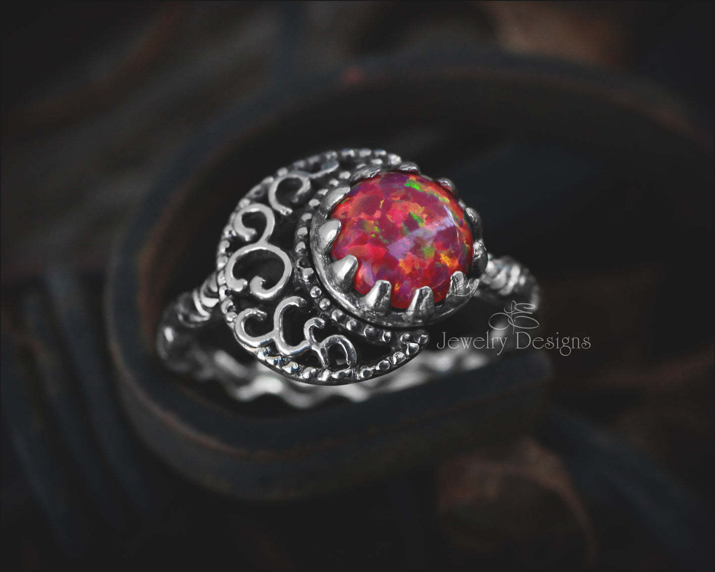 Sterling Filigree Moon & Opal Ring - LE Jewelry Designs