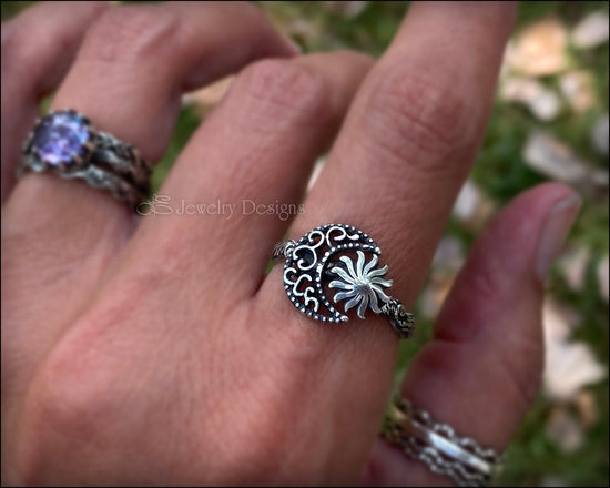 Load image into Gallery viewer, Sterling Filigree Moon &amp;amp; Sun Ring - LE Jewelry Designs
