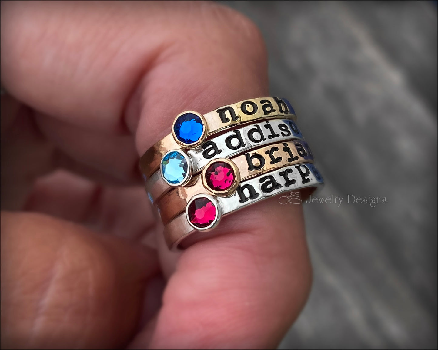 Hand Stamped Birthstone Stacking Ring - LE Jewelry Designs