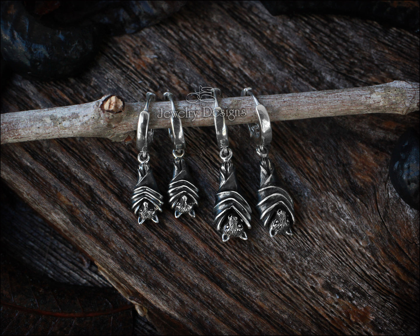 Sterling Hanging Bat Huggie Earrings