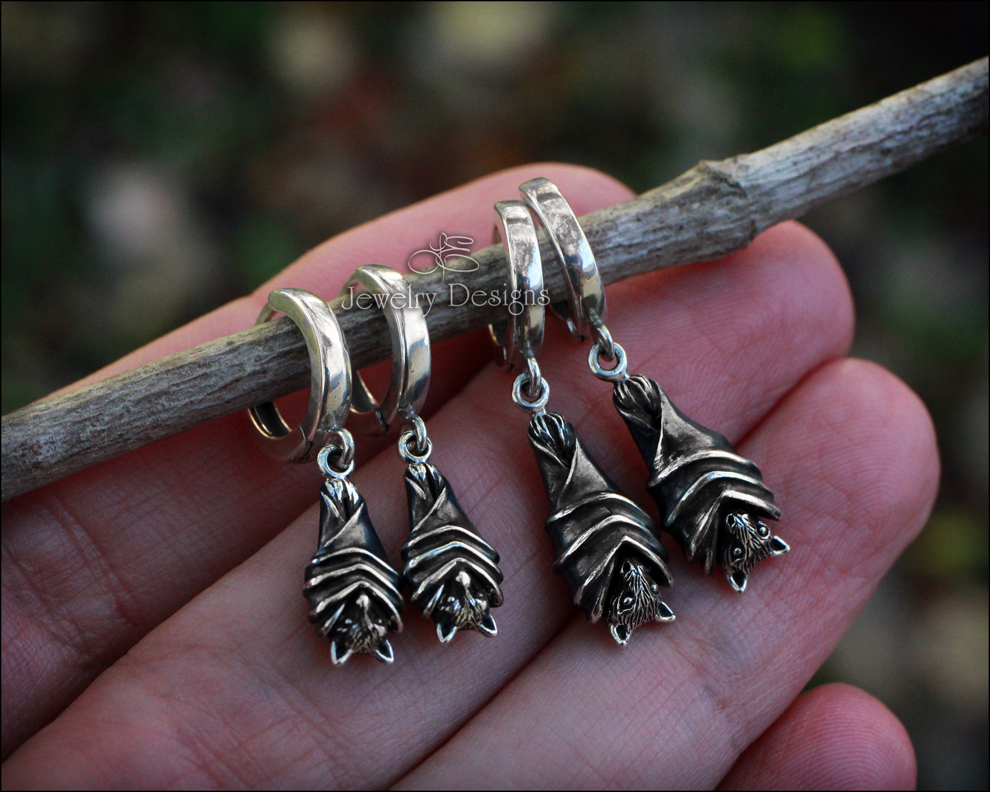 Sterling Hanging Bat Huggie Earrings