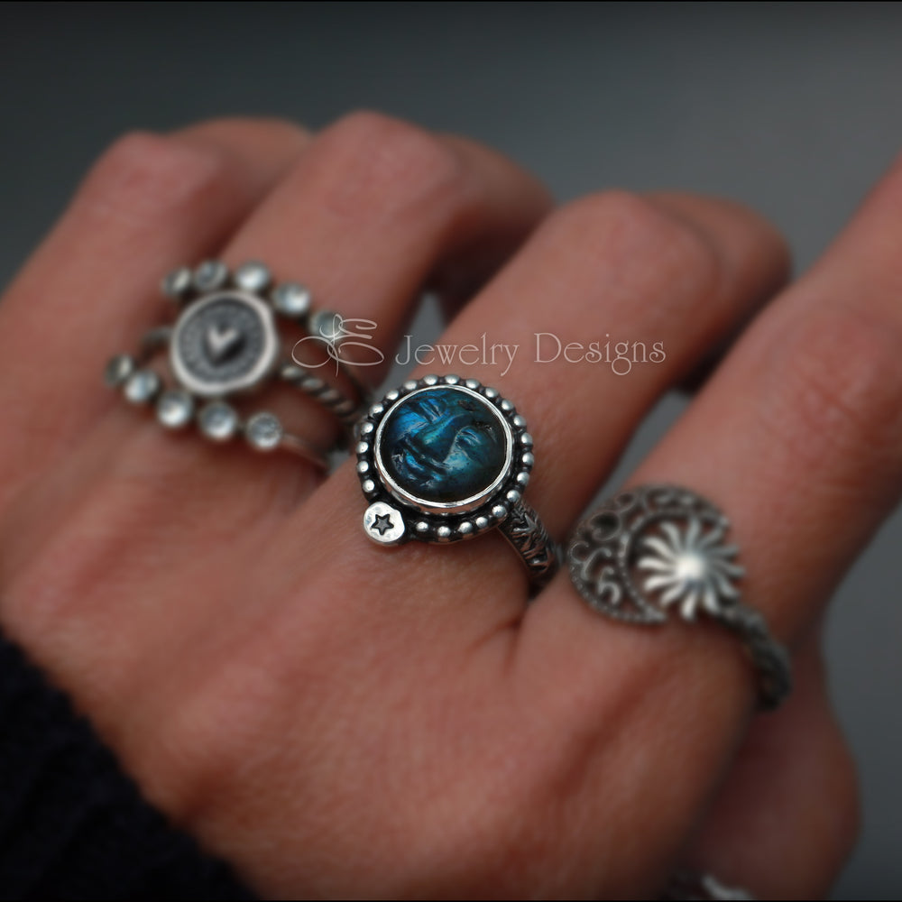 Size 8 - Sterling Labradorite Moon & Stars Ring - RTS - LE Jewelry Designs