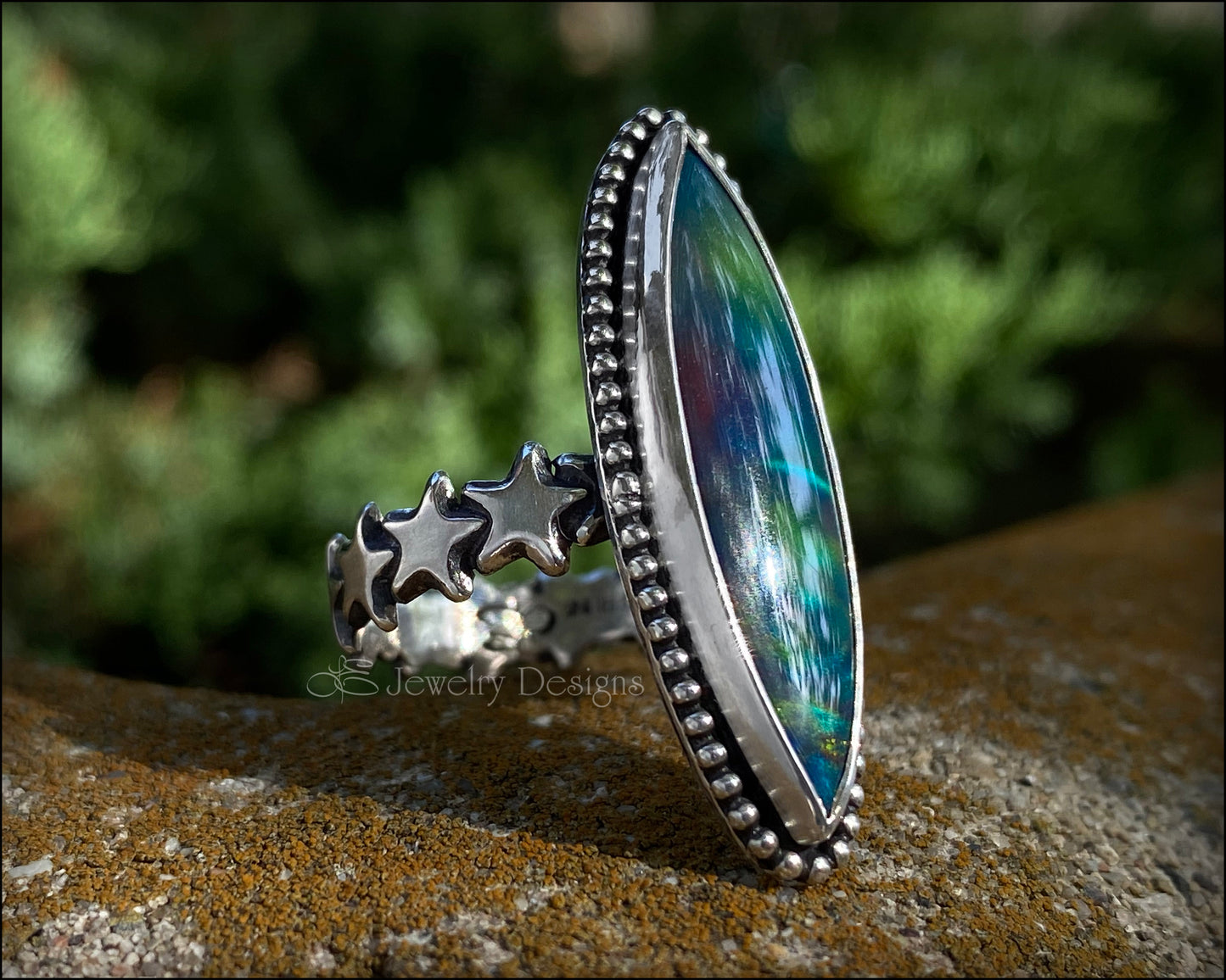 Size 8.75 - Long Aurora Opal Sterling Stars Ring - LE Jewelry Designs