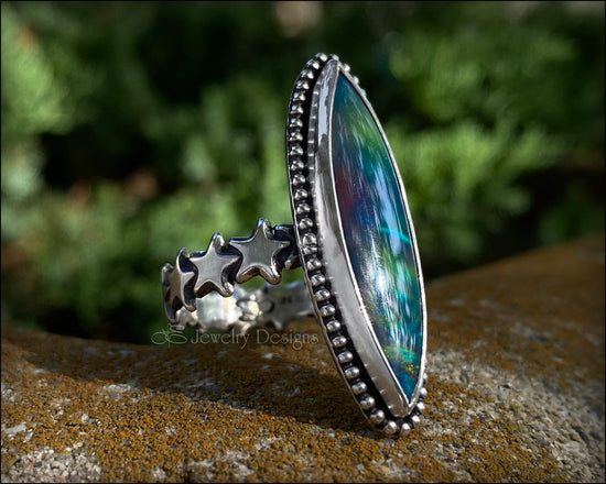 Size 8.75 - Long Aurora Opal Sterling Stars Ring - LE Jewelry Designs