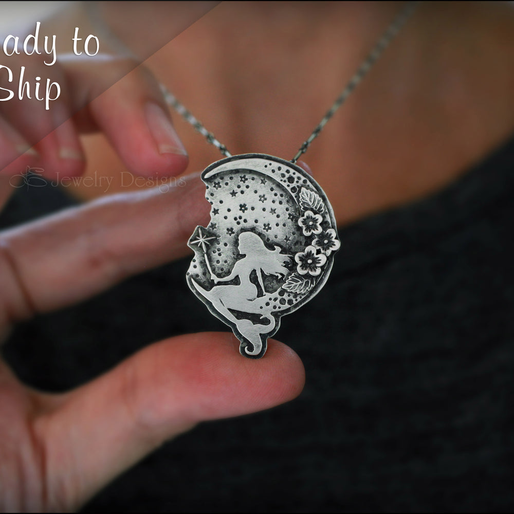 Sterling Silver Mermaid & Flower Moon Necklace - LE Jewelry Designs