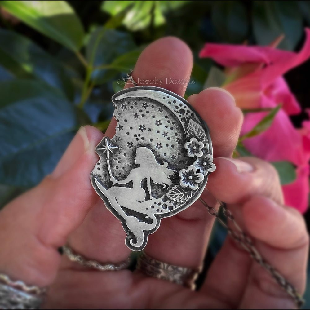 Sterling Silver Mermaid & Flower Moon Necklace - LE Jewelry Designs