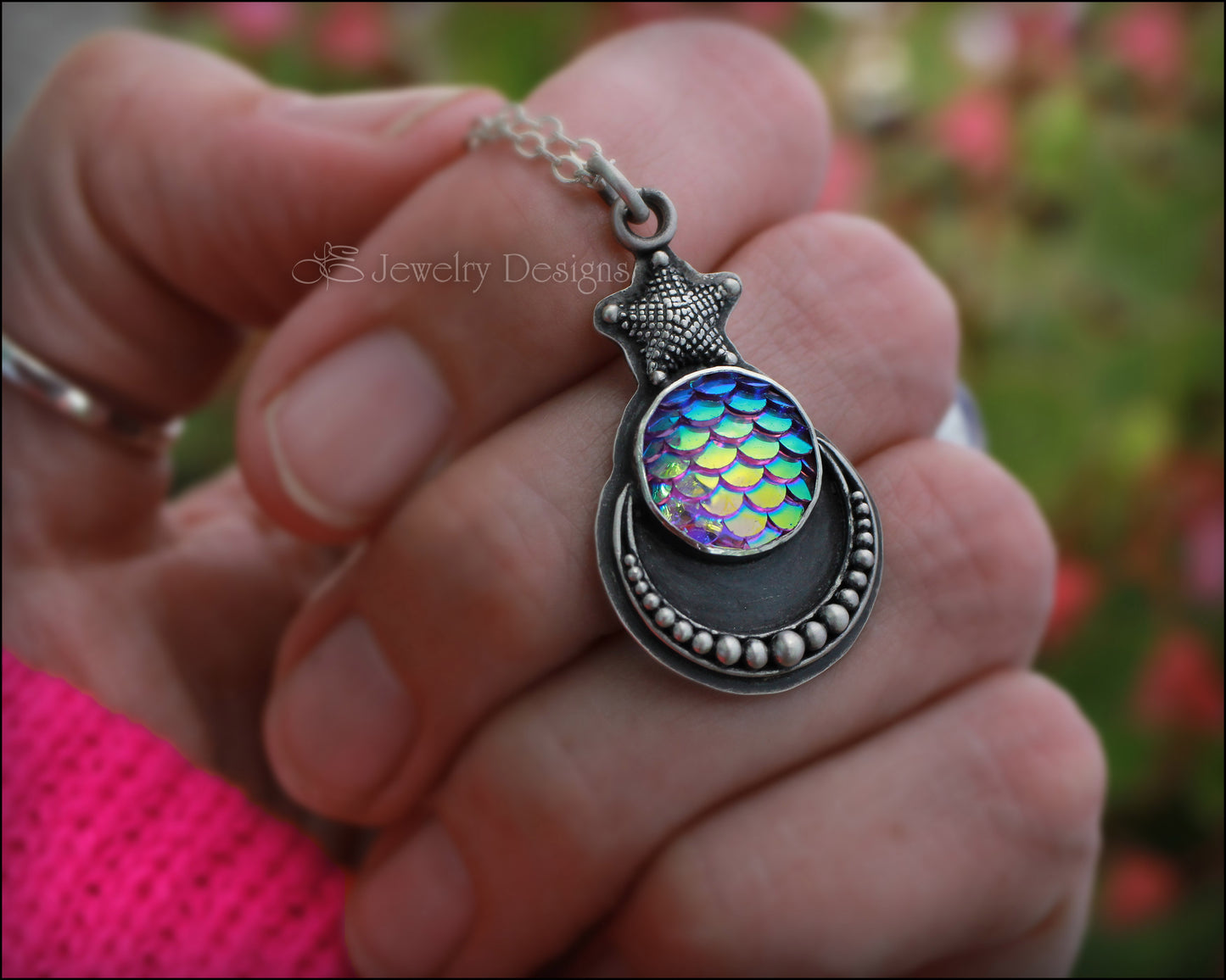 Load image into Gallery viewer, Sterling Mermaid Scales &amp;amp; Moon Necklace - LE Jewelry Designs
