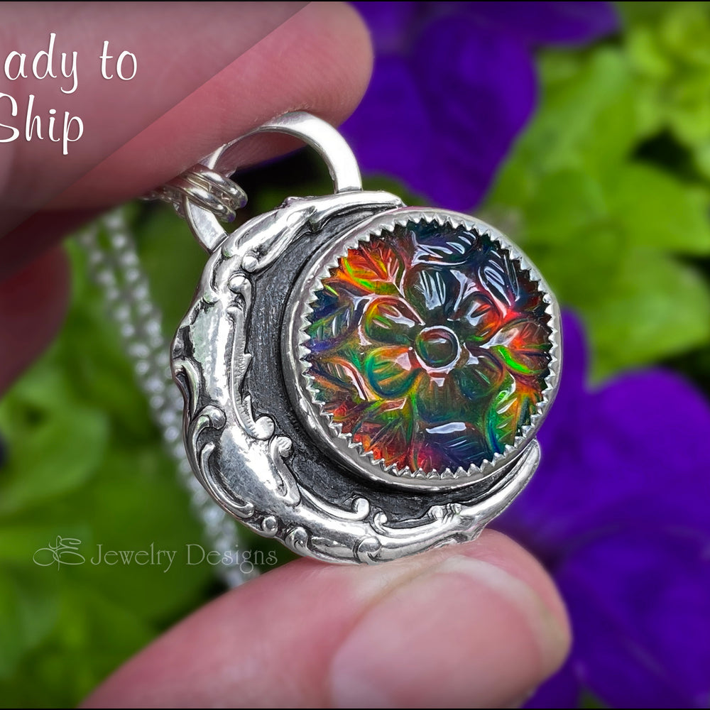 Sterling Moon & Floral Aurora Opal Necklace - LE Jewelry Designs