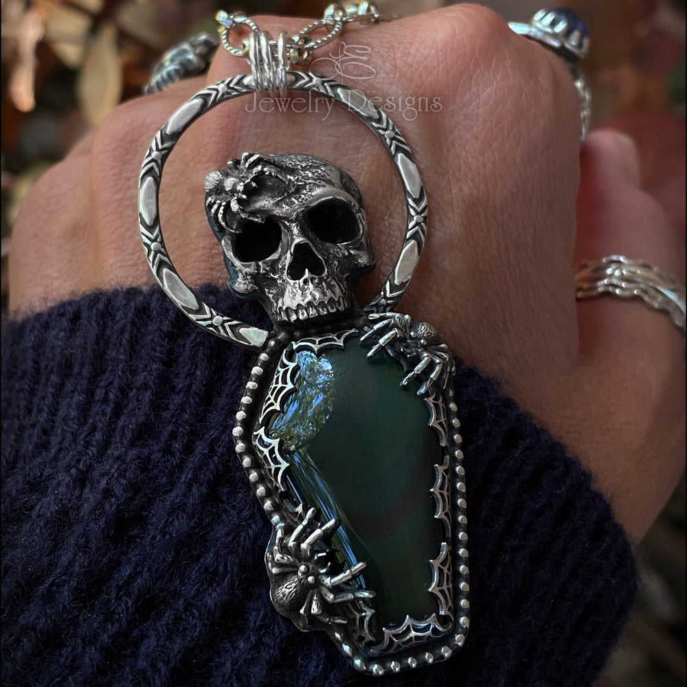 
                  
                    Sterling Skull & Spiders Obsidian Coffin Pendant - LE Jewelry Designs
                  
                