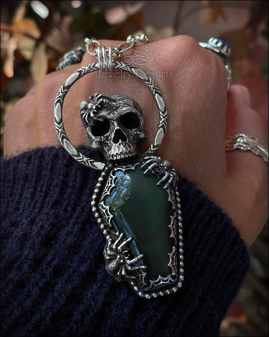 Sterling Skull & Spiders Obsidian Coffin Pendant - LE Jewelry Designs