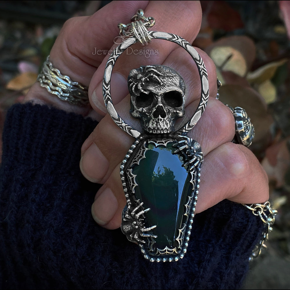 Sterling Skull & Spiders Obsidian Coffin Pendant - LE Jewelry Designs