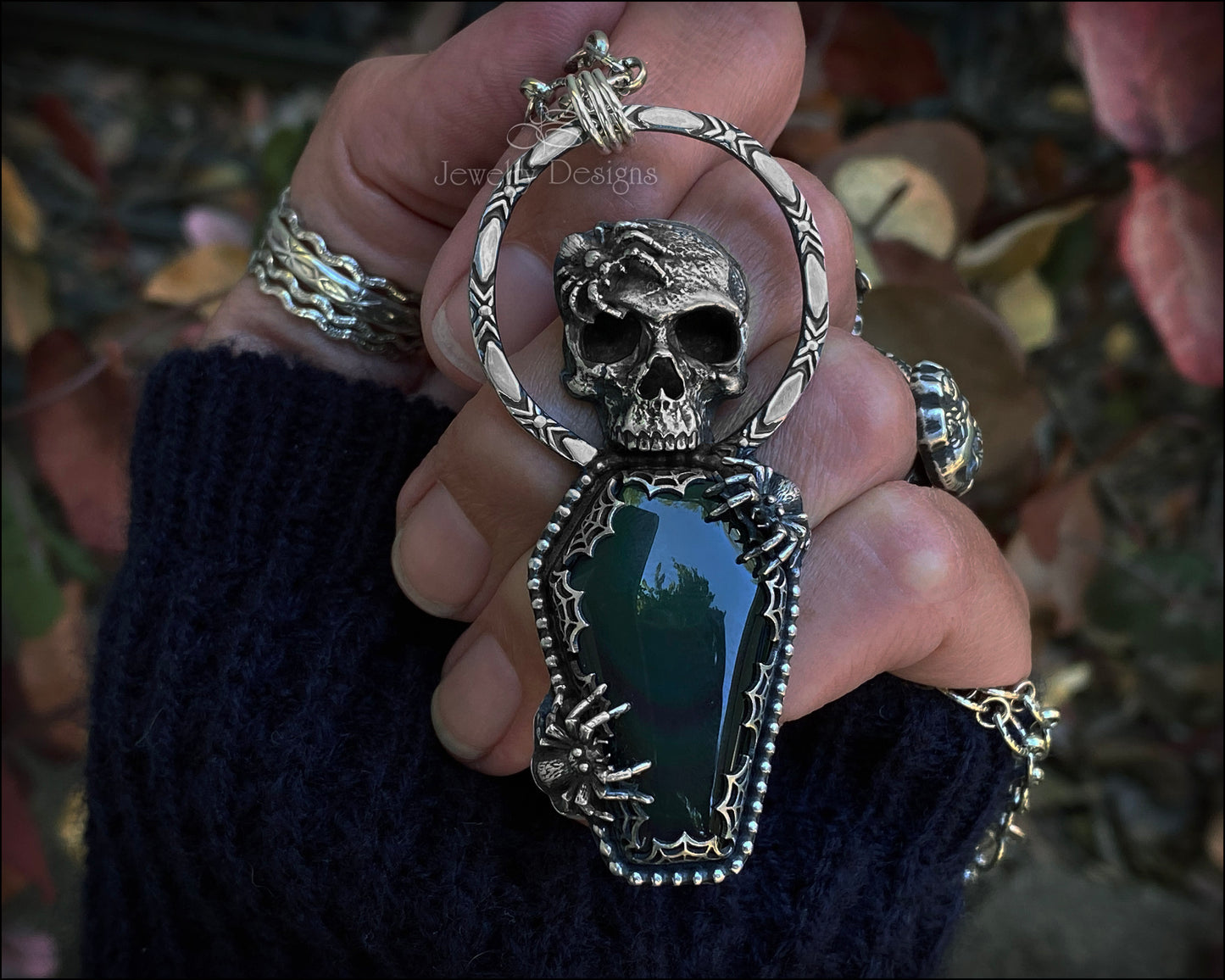 Sterling Skull & Spiders Obsidian Coffin Pendant - LE Jewelry Designs