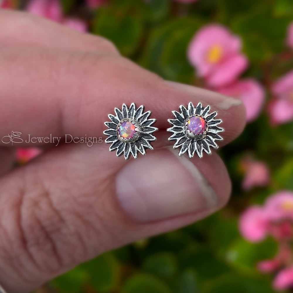 Sterling Opal or Birthstone Flower Stud Earrings - LE Jewelry Designs