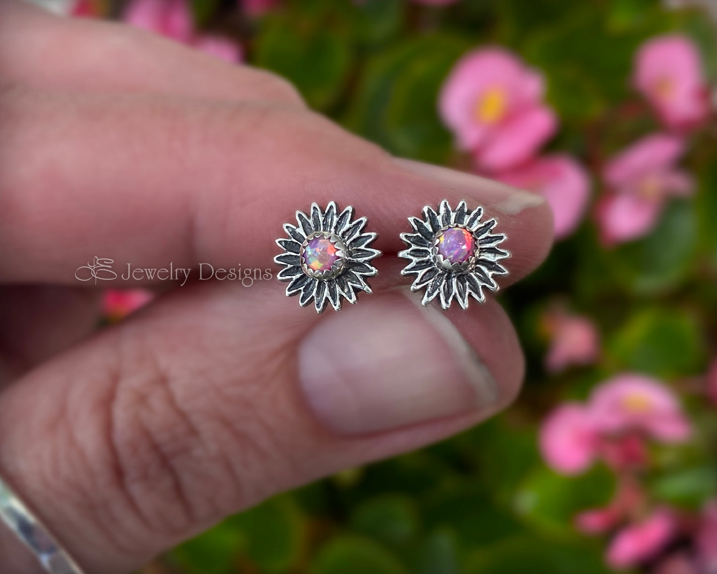 Sterling Opal or Birthstone Flower Stud Earrings - LE Jewelry Designs