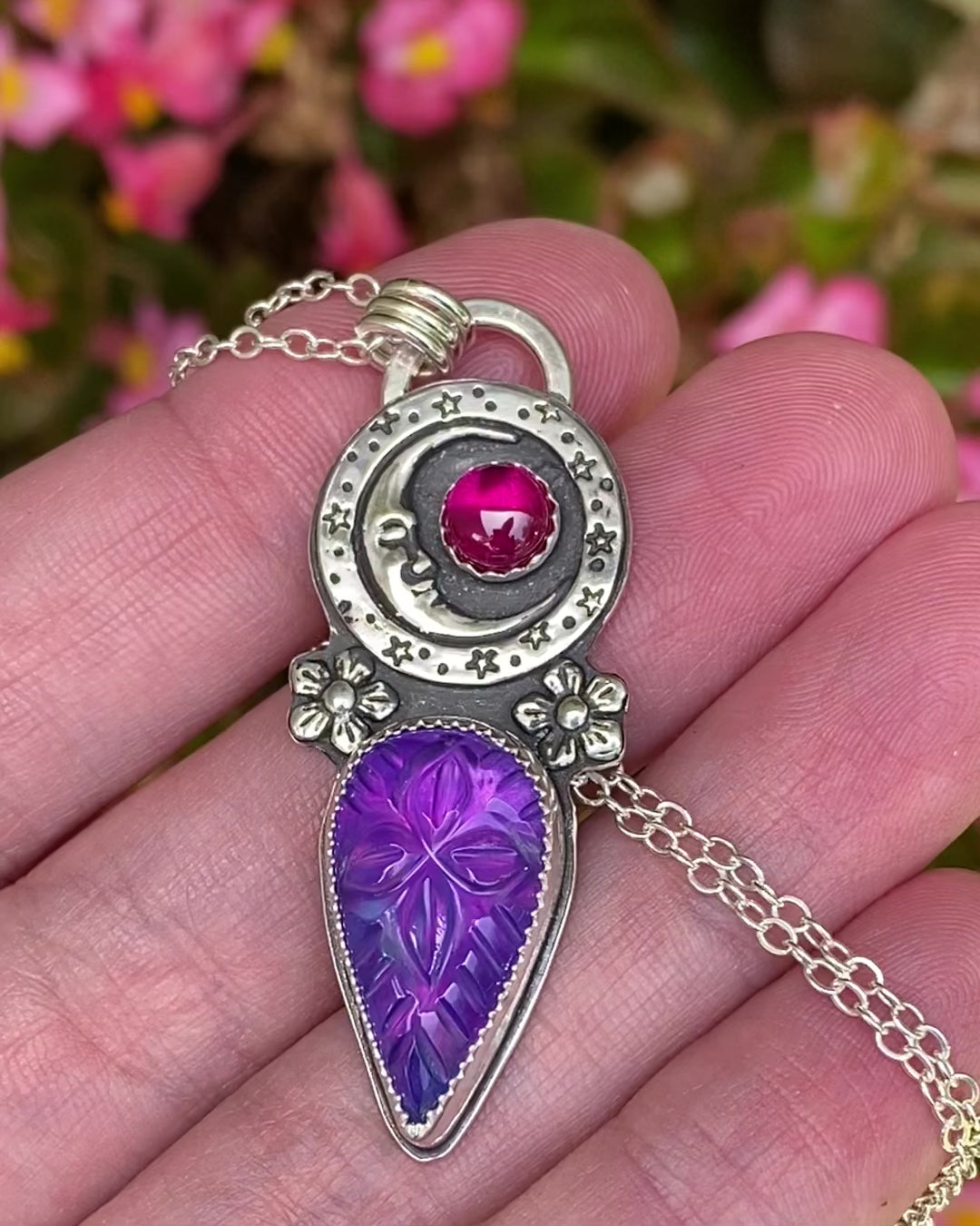 Load and play video in Gallery viewer, Purple Aurora Opal &amp;amp; Moon Pendant
