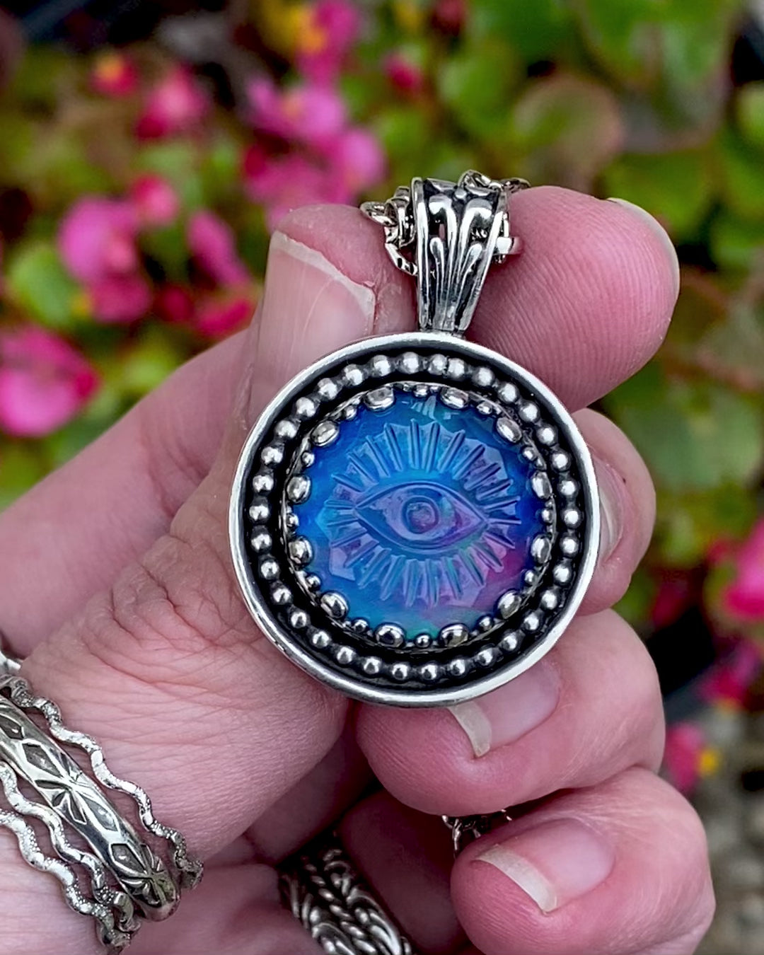 Load and play video in Gallery viewer, Sterling Aurora Opal Evil Eye Amulet
