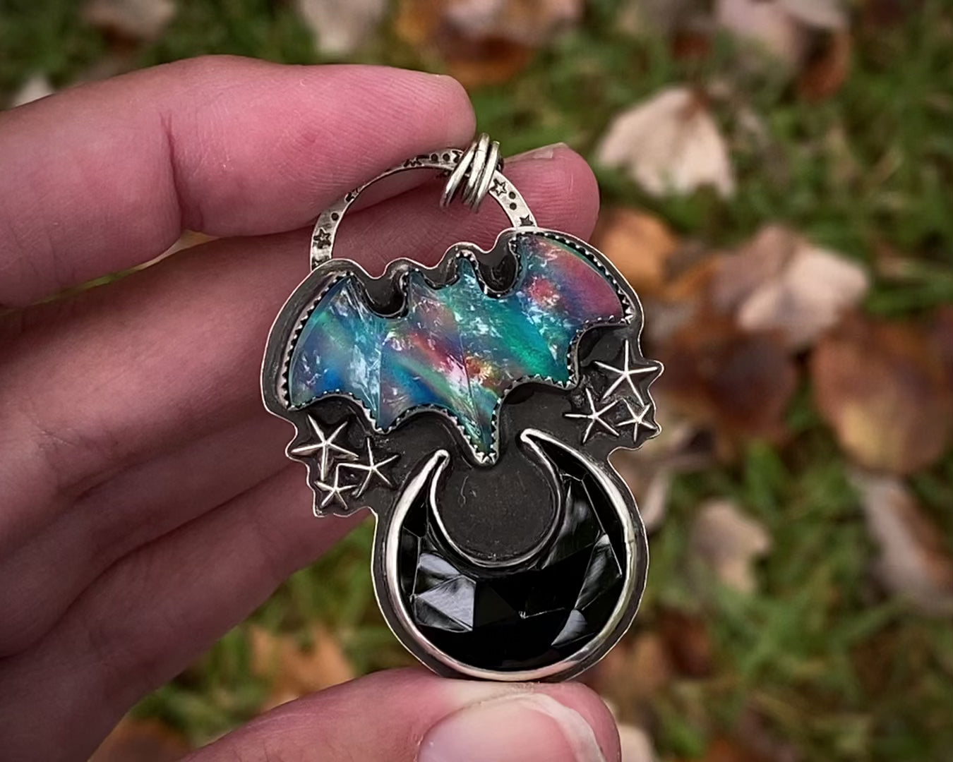 Load and play video in Gallery viewer, Gothic Aurora Opal Bat &amp;amp; Onyx Moon Necklace
