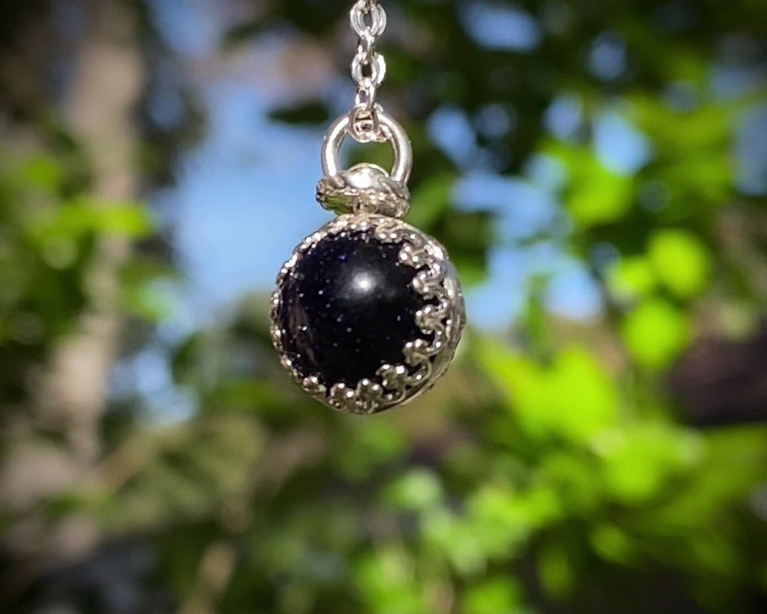 Load and play video in Gallery viewer, Blue Goldstone Galaxy Orb Necklace (sterling)

