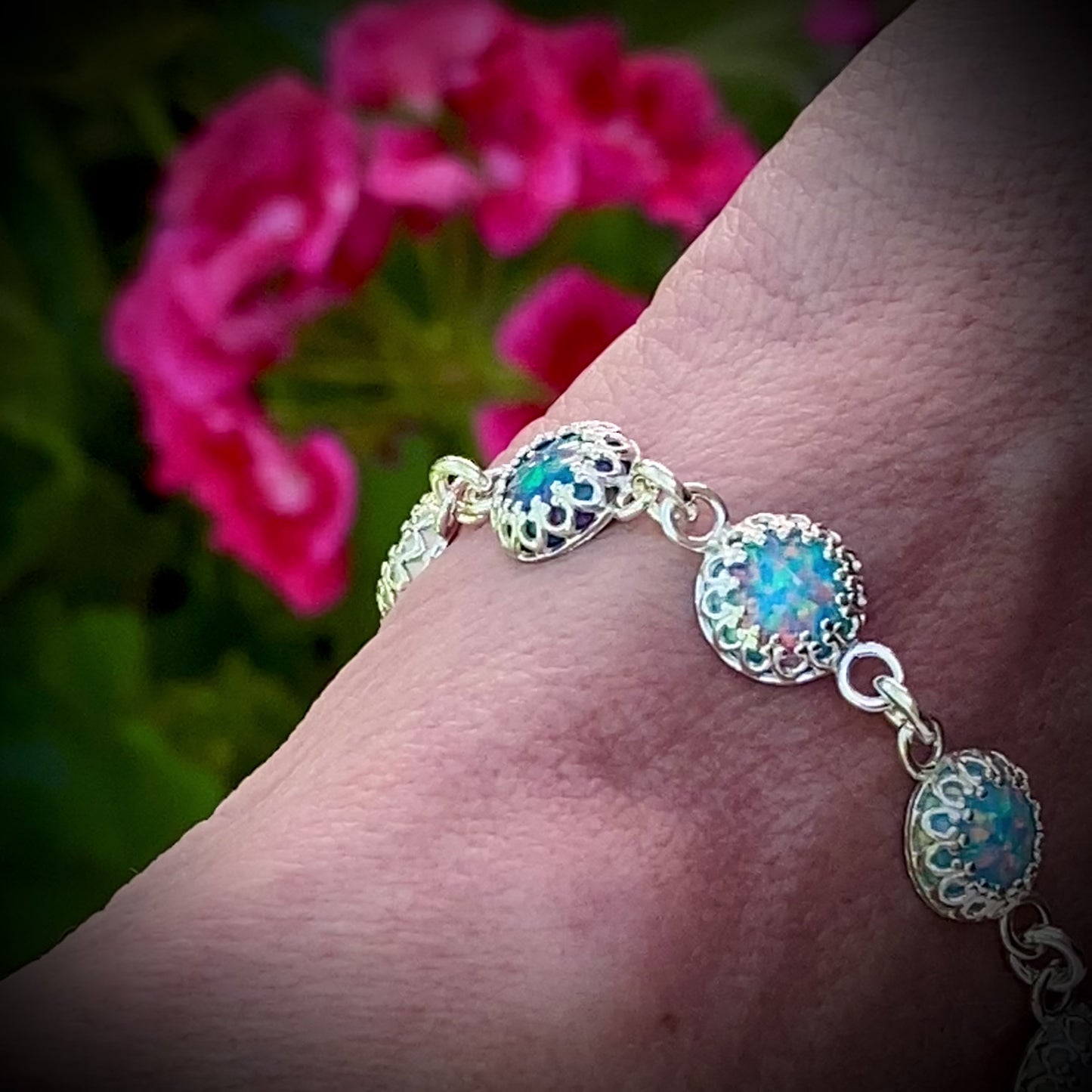 Sterling Silver Opal Link Bracelet (8mm)